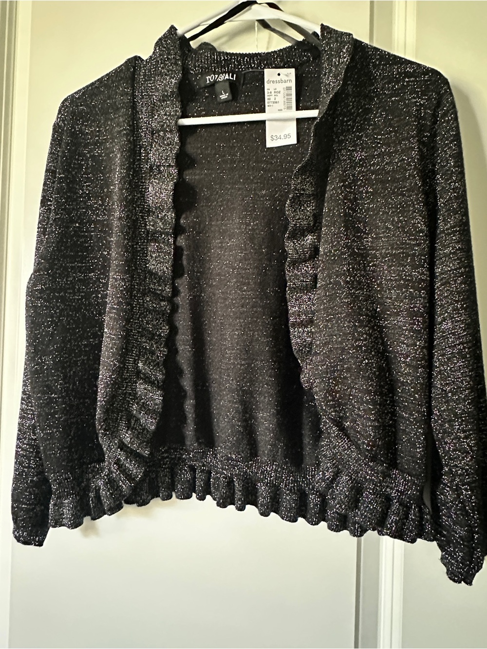 Roz & Ali Black Metallic Ruffle-Trim Open Cardigan